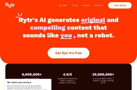 Rytr,Rytr官网截图,Rytr是一个AI写作助手，帮助用户快速、经济高效地创建高质量的内容。它利用最先进的语言AI技术为各种写作需求生成独特、原创的内容。从电子邮件到博客文章到广告文案，Rytr可以自动生成流行的语调和语言中引人注目且有转化力的副本。凭借其强大的功能，如富文本编辑器和抄袭检测器，Rytr确保用户可以完美地创作他们的杰作。