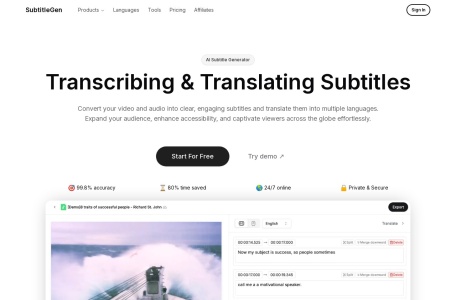Subsbee,Subsbee官网截图,Subsbee 是一个在线平台，能够自动为视频和音频文件生成字幕和音频转文本转换。