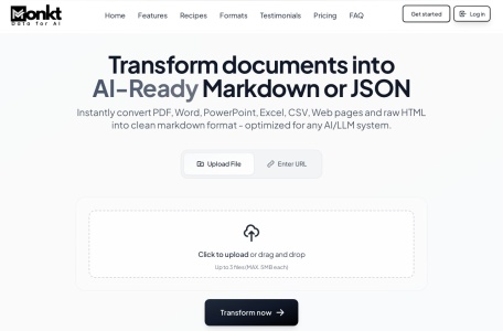 Monkt,Monkt官网截图,Monkt是一个文档转化平台，可以将多种文件格式（包括PDF、Word文档和网页）转换为适合AI使用的Markdown或结构化JSON。它保留了语义结构，并通过网页界面或REST API支持自定义模式和批量处理。