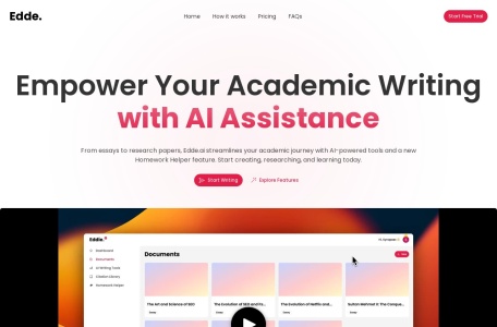 Edde AI,Edde AI官网截图,Edde.ai利用AI技术简化您的学术旅程，提供新的作业助手功能，用于写作、研究和学习。