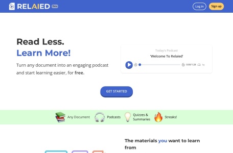 Relaied,Relaied官网截图,Relaied是一个平台，利用人工智能技术将文档转化为引人入胜的播客式对话，促进学习。