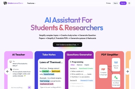 UndercoverDevs,UndercoverDevs官网截图,UndercoverDevs 是一个基于人工智能的教育平台，为学生和研究人员提供个性化学习体验。它提供了 AI 辅导员、互动笔记、自动内容增强和翻译服务等工具，以简化学习过程并提高学术表现。