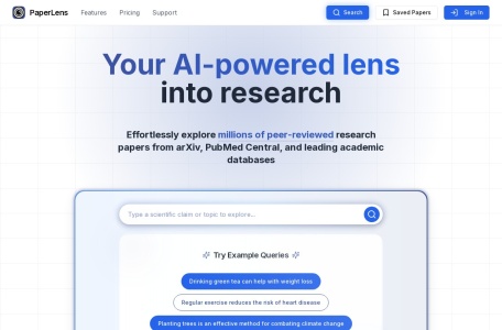 PaperLens,PaperLens官网截图,PaperLens是一个基于人工智能的平台，允许用户使用自然语言处理搜索研究论文并验证科学声明。它具有基于RAG的搜索、语义搜索和智能过滤功能，以提高研究效率。