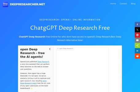 Deep Research,Deep Research官网截图,深度研究免费版是一款基于人工智能的研究工具，提供了OpenAI深度研究的替代方案，允许用户在网上自主进行复杂的研究任务。