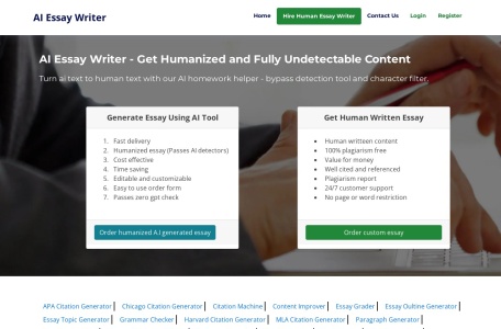 AI Essay Writer,AI Essay Writer官网截图,AI写作助手利用人工智能技术提供生成文章的服务。它具有快速交付、性价比高和可定制的文章功能，旨在通过AI检测工具。