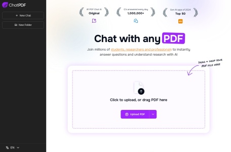 Chatpdf,Chatpdf官网截图,ChatPDF是一种由人工智能驱动的服务，允许用户与任何PDF文档进行交流。它利用人工智能技术即时回答问题并提供对研究的更好理解，使阅读和分析期刊文章和其他PDF文件更容易。