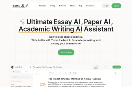 Yomu AI,Yomu AI官网截图,Yomu是一款AI增强的写作编辑器，可帮助学生和学者撰写研究论文。它提供文档辅助、自动完成、文本编辑、引用格式化和抄袭检查等功能。