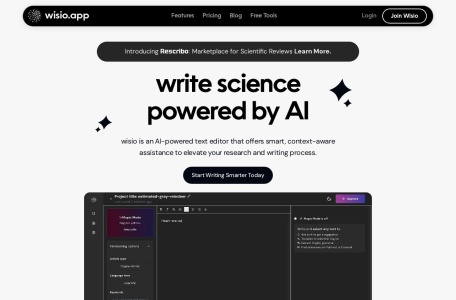 Wisio,Wisio官网截图,wisio.app是科学家们的人工智能写作助手。它通过提供人工智能建议、查找相关论文、翻译文本等功能，帮助科学家更快地撰写更好的论文。
