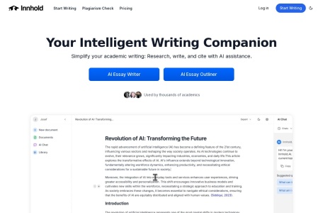 innhold.ai,innhold.ai官网截图,Innhold.AI 是一个基于人工智能的平台，通过提供研究帮助、引用生成和智能写作建议，简化学术写作。它帮助用户简化写作过程，确保正确引用，并通过先进工具提升内容质量。