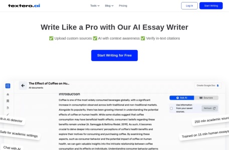 Textero AI Essay Writer Pro,Textero AI Essay Writer Pro官网截图,Textero AI Essay Writer是一款由人工智能驱动的平台，集成了最好的学术写作工具，使用户能够更高效地进行研究、写作和编辑论文。