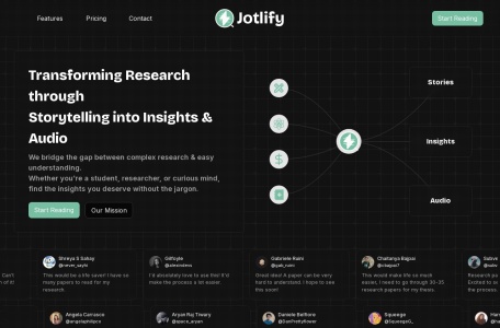 Jotlify,Jotlify官网截图,Jotlify是一个简化复杂研究论文的平台，将其转化为易于理解的故事和见解。它架起了学术内容和日常理解之间的桥梁，为学生、研究人员和好奇的人提供了宝贵的资源。