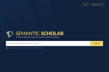 Semantic Scholar,Semantic Scholar官网截图,Semantic Scholar是一种免费的、由人工智能驱动的科学文献研究工具。它利用开创性的人工智能和工程技术来理解科学文献的语义，帮助学者发现相关研究。