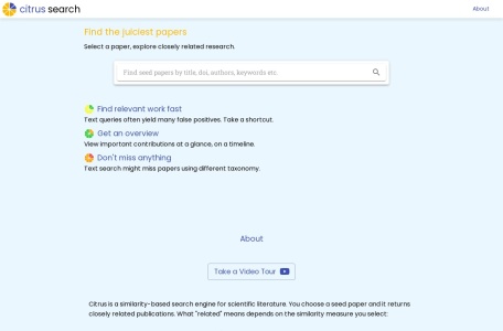citrus search,citrus search官网截图,柑橘是一个基于相似性的科学文献搜索引擎，允许用户根据选定的种子论文寻找密切相关的出版物。