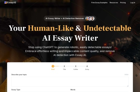EssayAI.ai,EssayAI.ai官网截图,EssayAI.ai通过难以被检测的人工智能技术在写作领域进行革新，以高效和智能的方式提供无与伦比的速度和智能，重新定义学术卓越。