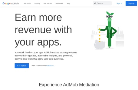 Google AdMob,Google AdMob官网截图,移动广告平台，旨在帮助应用开发者在其应用中展示高质量的广告并实现创收