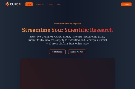 Cure AI,Cure AI官网截图,Cure AI是一款先进的医学研究引擎，利用人工智能集成并简化对超过2600万篇PubMed文章的访问，为用户提供经过排名的证据和见解，以增强他们的研究流程。