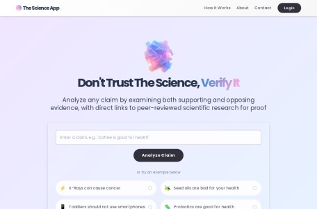 The Science App,The Science App官网截图,科学助手是一个多智能体AI研究助手，分析科学主张，考虑支持和反对的证据，并提供指向同行评审研究的直接链接。