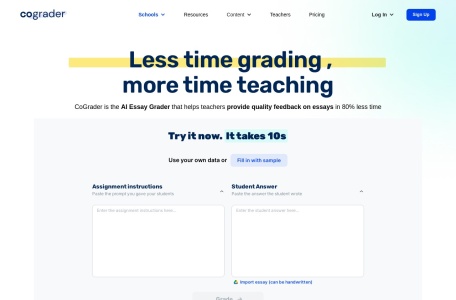 CoGrader,CoGrader官网截图,CoGrader是一个AI驱动的作文评分工具，旨在帮助教师快速有效地提供对学生作业和论文的反馈。它旨在节省教育工作者的时间，减轻评分工作量，同时确保公平和一致的评估，并提供详细的反馈。