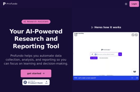 Profundo,Profundo官网截图,Profundo是一个AI研究助理平台，通过自动化数据收集、分析和报告来增强学习和决策。它能够在几分钟内总结、概述和生成论文，同时提供数据处理的定制选项。