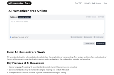 AI Humanizer Free Online,AI Humanizer Free Online官网截图,AI Humanizer 免费在线是一个工具，可以将AI生成的文本转化为自然、像人类撰写的内容，使其适用于论文、内容创作等。