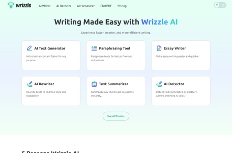 Wrizzle AI,Wrizzle AI官网截图,Wrizzle AI 是一个智能写作助手，通过 AI 驱动的工具增强写作过程。它能够快速生成新内容或重写现有文本，满足各种写作需求。