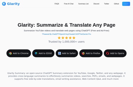 Glarity,Glarity官网截图,利用 ChatGPT 生成中文版本的网页内容摘要的浏览器插件，可以快速总结 Google、百度、YouTube、B站等网站或视频的结果和精华